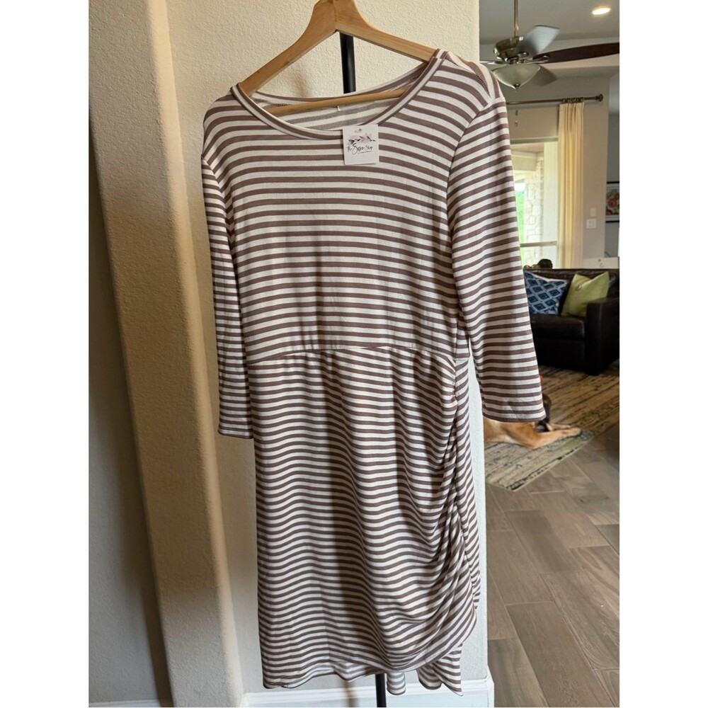 Reborn J Taupe Brown and White Striped Long Sleeve Dress L